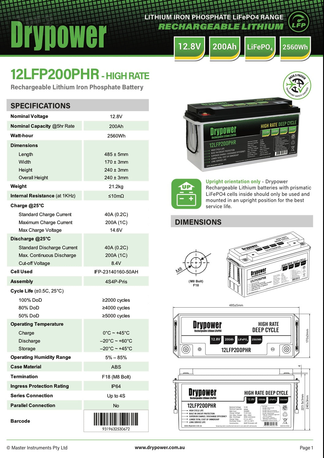 200 Amp/Hour, 12 Volt,Drypower Deep Cycle Lithium Battery