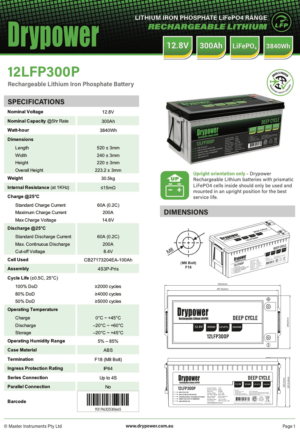 300 Amp/Hour, 12 Volt,Drypower Deep Cycle Lithium Battery