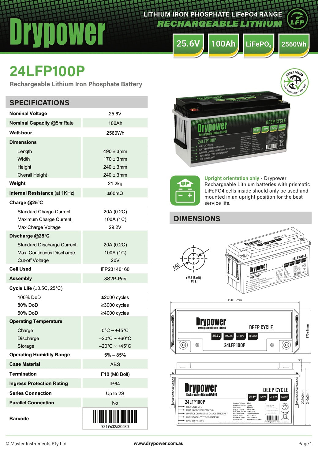 100 Amp/Hour, 24 Volt,Drypower Deep Cycle Lithium Battery