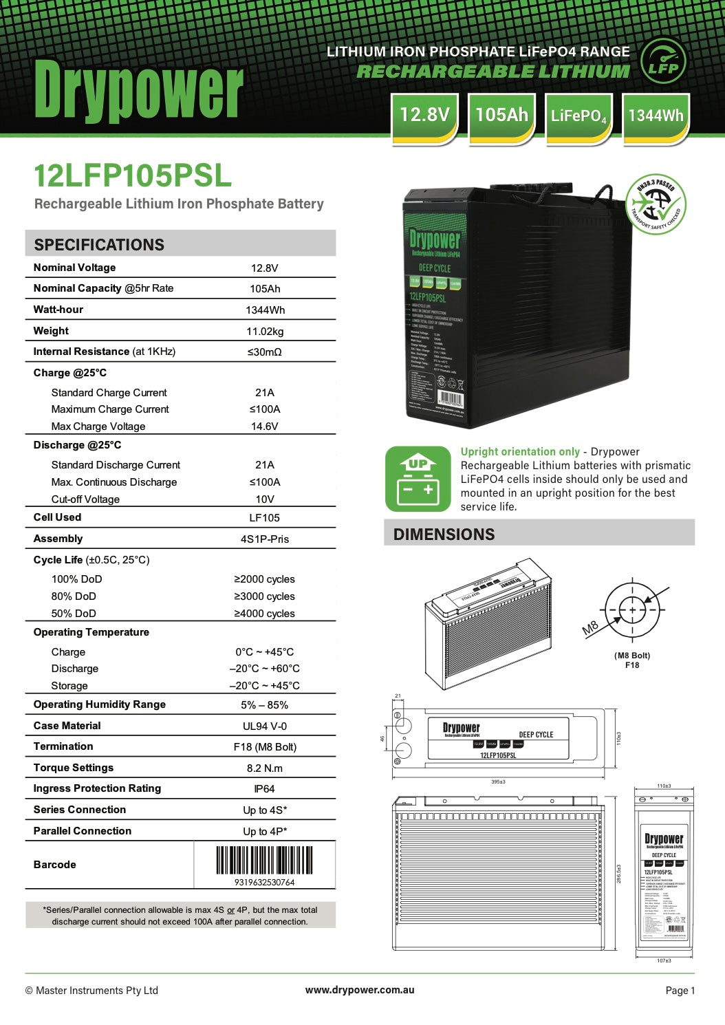 105 Amp/Hour, 12 Volt,Drypower Deep Cycle  slim Lithium Battery