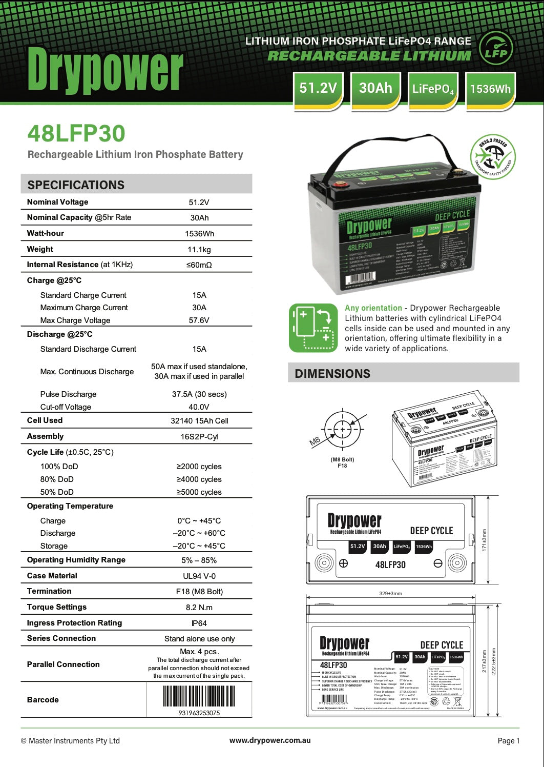 30 Amp/Hour, 48 Volt,Drypower Deep Cycle Lithium Battery